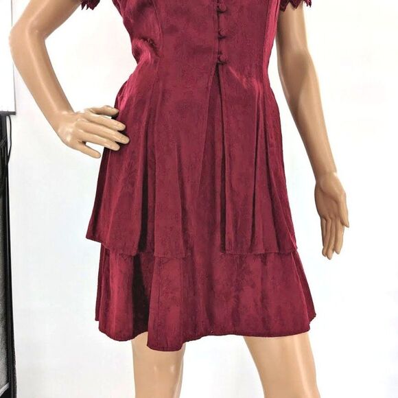 Vintage 1990s Mini Dress Floral Crochet Maroon Satin Empire WhimsiGoth Jr's 5 - Picture 13 of 16
